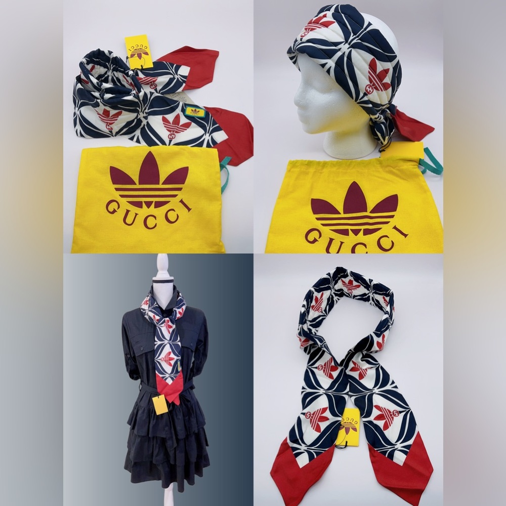 ❌SOLD❌Adidas X GUCCI GG Trefoil Print Silk Headband Hair Scarf Size M (57cm) - Picture 1 of 11